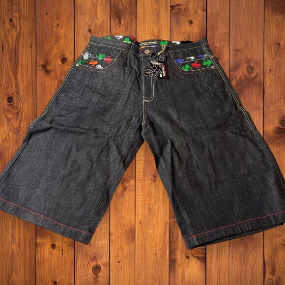 Vtg NWT Sz 38 Koman Denim Black Jeans Shorts Embellished Pockets Y2K Hip Hop - Picture 1 of 9